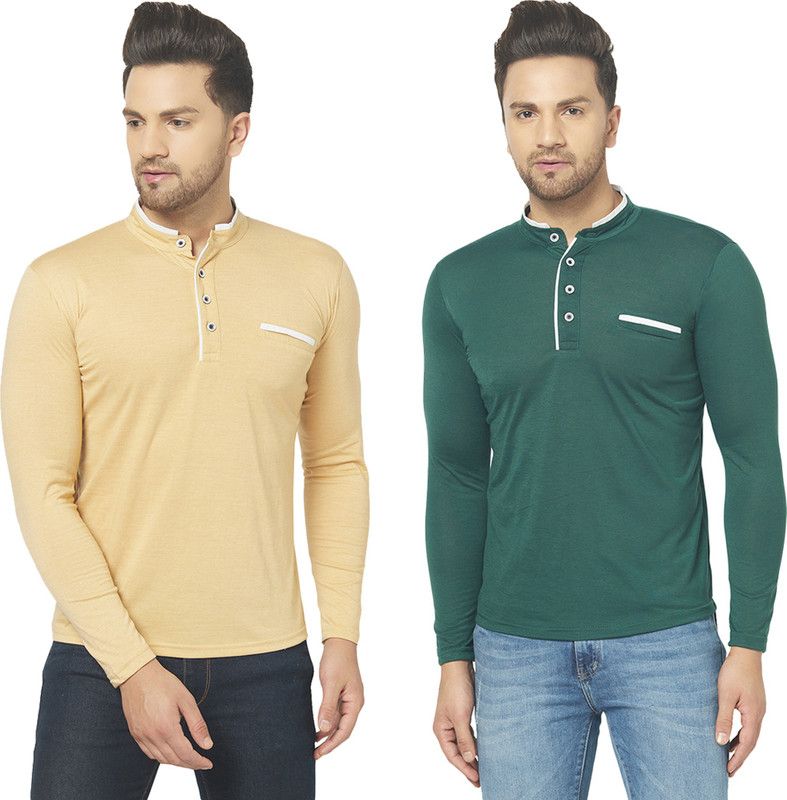 Pack of 2 Men Solid Henley Neck Cotton Blend Dark Green, Beige T-Shirt