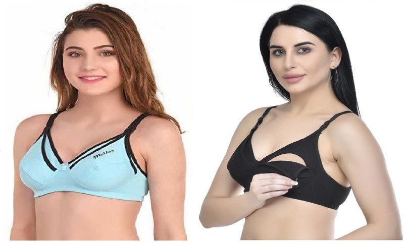 Pack of 2 Women Maternity/Nursing Non Padded Bra  (Black, Light Blue)