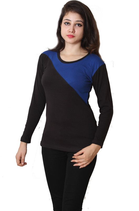 Casual Regular Sleeves Color Block Women Blue, Black Top