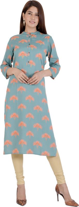 Women Floral Print Viscose Rayon Frontslit Kurta  (Light Blue)