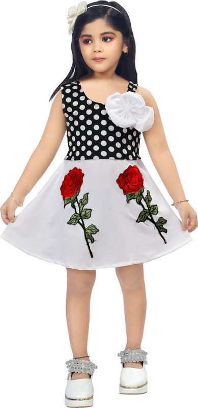 Girls Midi/Knee Length Festive/Wedding Dress  (White, Sleeveless)