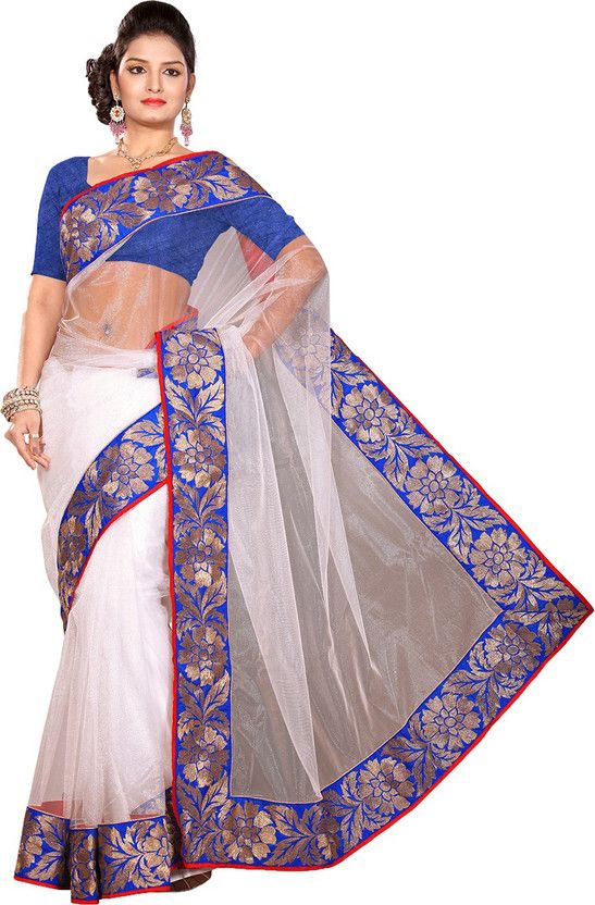 Embroidered Bollywood Net Saree  (White)
