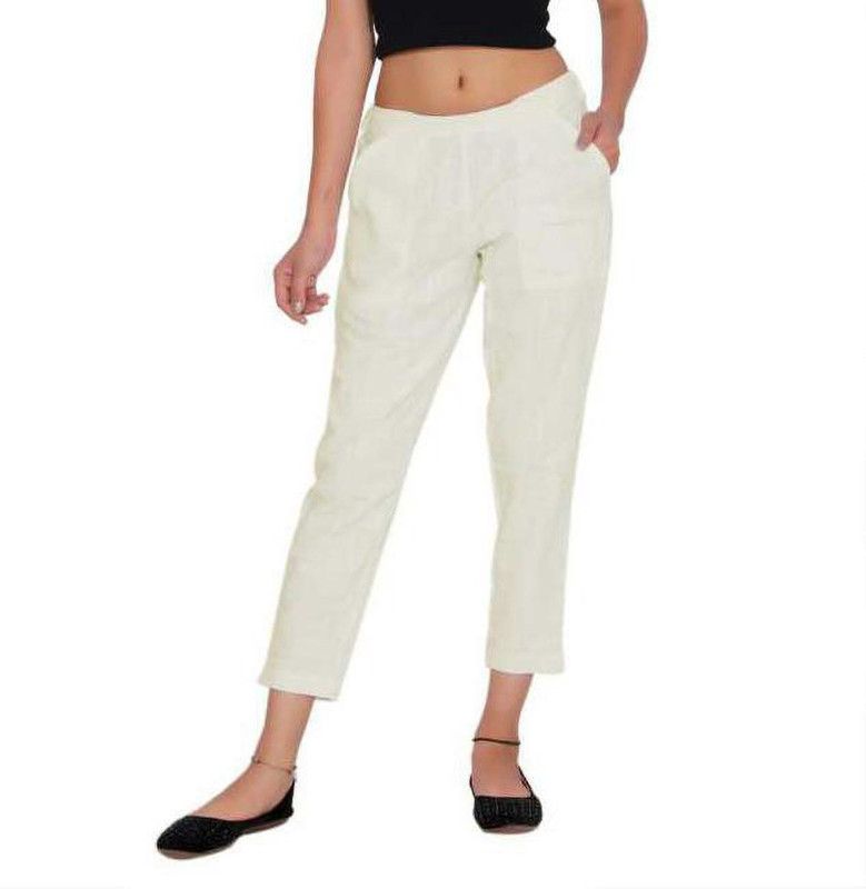 Women Relaxed Beige Cotton Blend Trousers