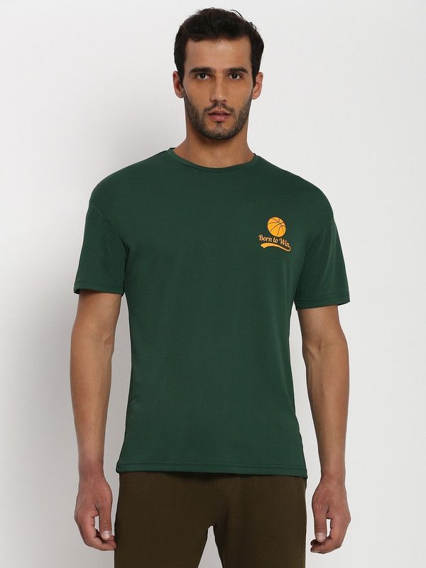 Men Printed Round Neck Polyester Green T-Shirt