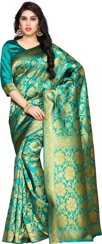 Embellished Kanjivaram Art Silk Saree  (Light Green)