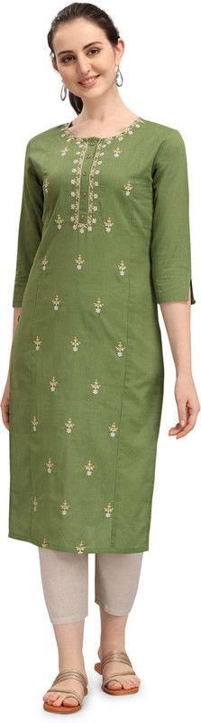 Women Embroidered Pure Cotton Straight Kurta  (Green)