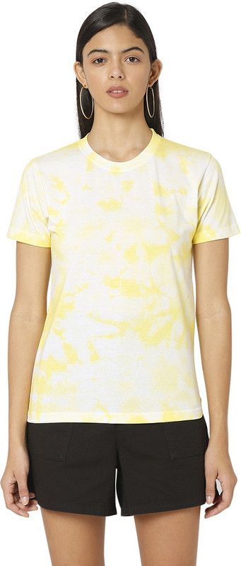 Women Tie & Dye Round Neck Reversible Cotton Blend Yellow T-Shirt