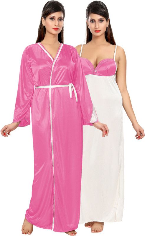 Women Nighty with Robe  (White, Pink)
