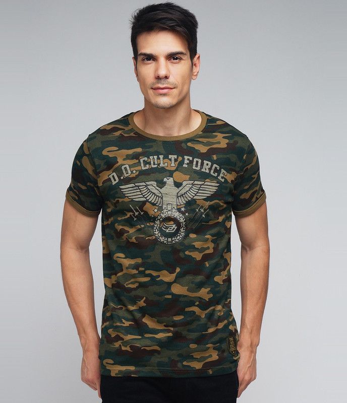Men Military Camouflage Round Neck Cotton Blend Green T-Shirt