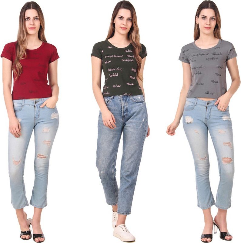 Pack of 3 Women Typography Round Neck Cotton Blend Green, Maroon, Grey T-Shirt
