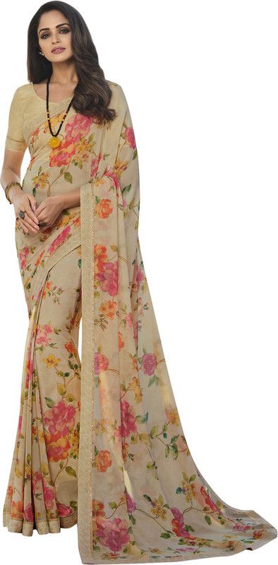 Floral Print Bollywood Georgette, Chiffon Saree  (Cream)