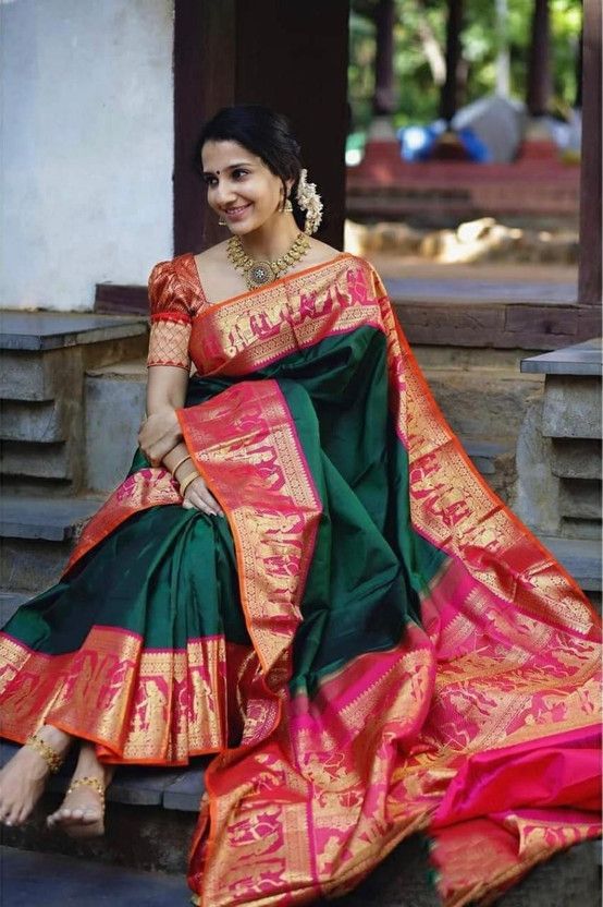 Self Design Kanjivaram Jacquard, Art Silk Saree  (Green)