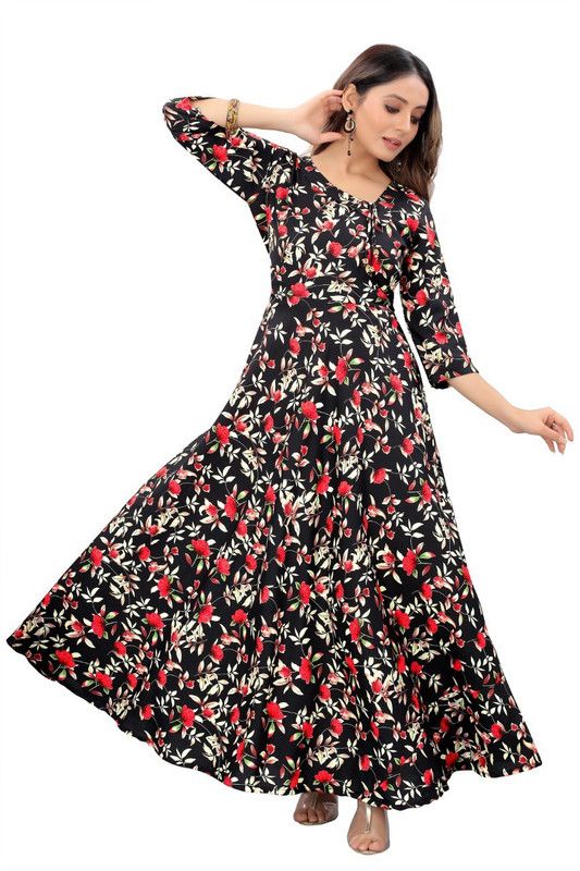 Solid Crepe Stitched Anarkali Gown  (Black)