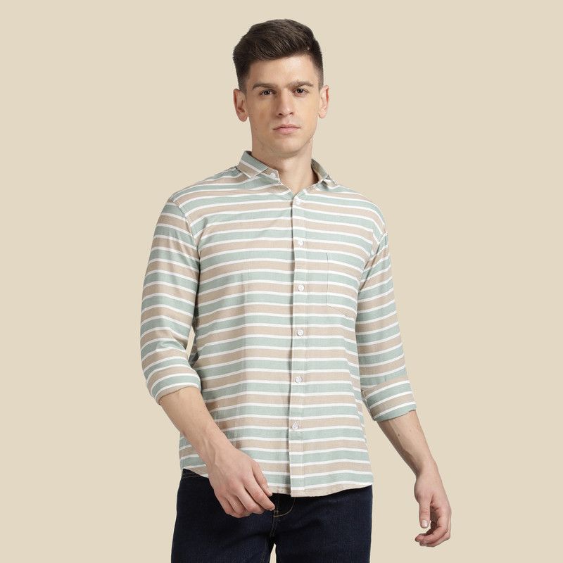 Men Striped Casual Beige Shirt