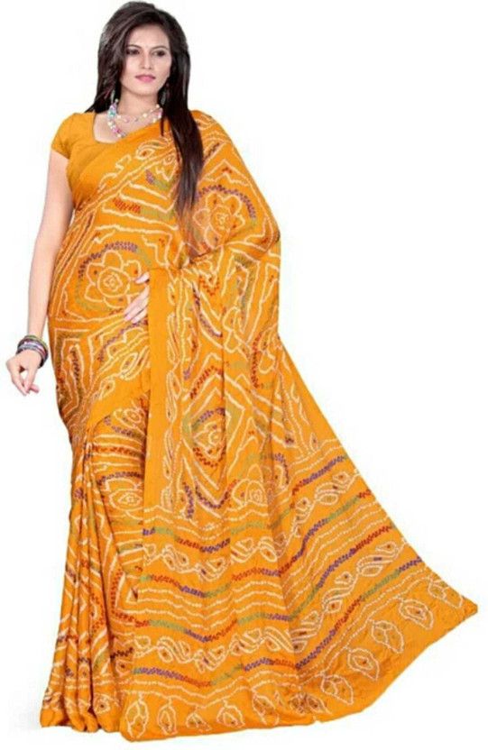 Printed Bandhani Crepe Saree  (Mustard)