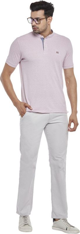 Men Solid Mandarin Collar Cotton Blend Pink T-Shirt