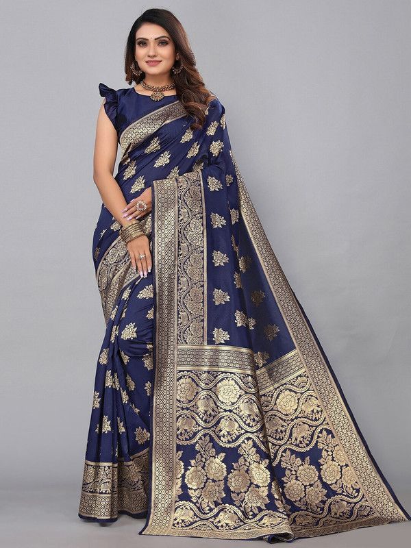 Embellished Kanjivaram Silk Blend, Pure Silk Saree  (Dark Blue)