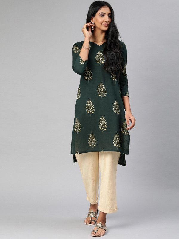 Women Printed Pure Cotton High Low Kurta  (Green)