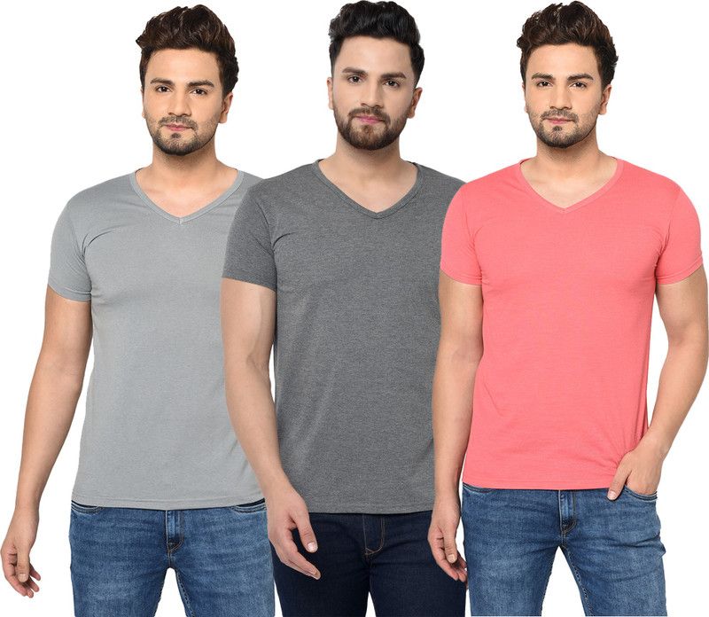 Pack of 3 Men Solid V Neck Cotton Blend Pink, Grey T-Shirt