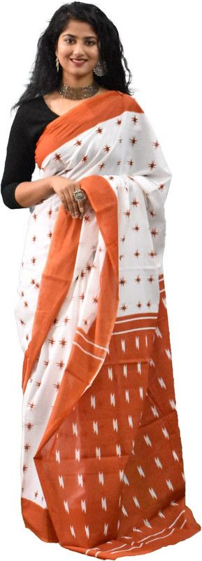 Printed Ikkat Pure Cotton Saree  (White, Orange)