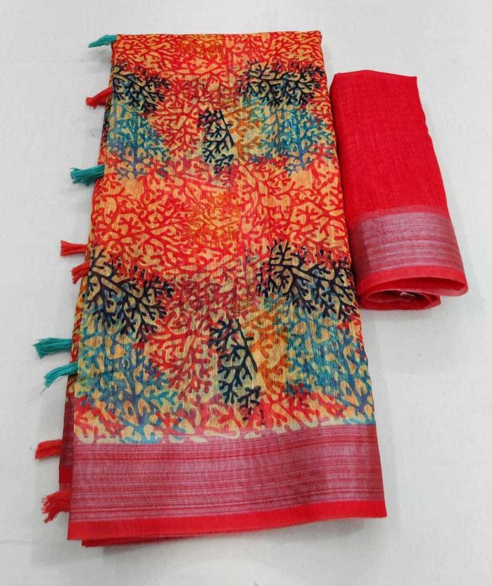 Digital Print Bollywood Cotton Linen Saree  (Orange)