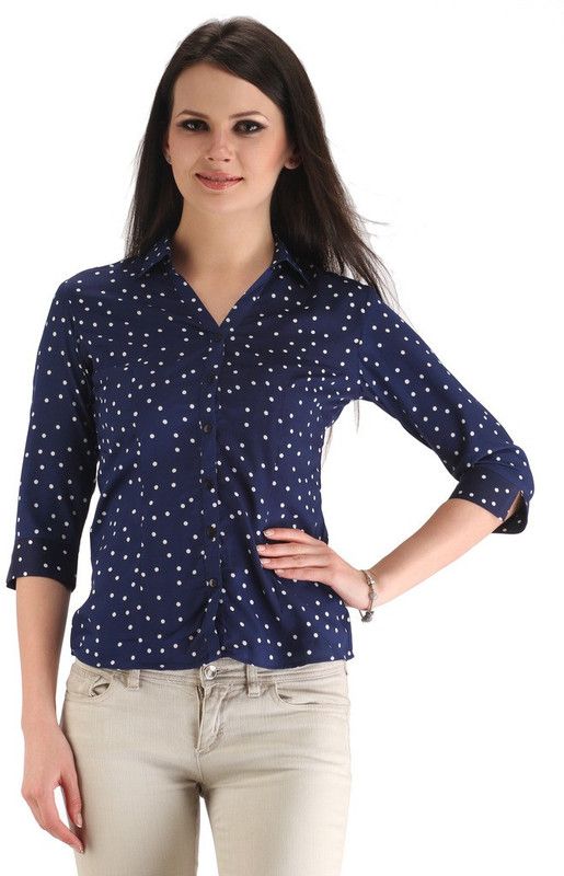 Casual Regular Sleeves Polka Print Women Dark Blue, White Top
