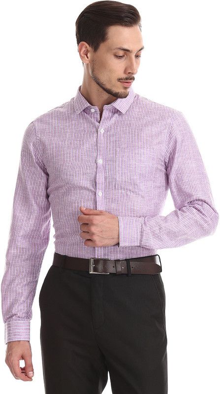 Men Regular Fit Striped Cut Away Collar Formal Shirt