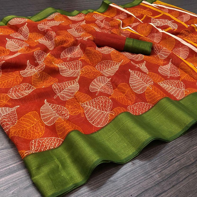 Digital Print Ikkat Cotton Blend Saree  (Brown)