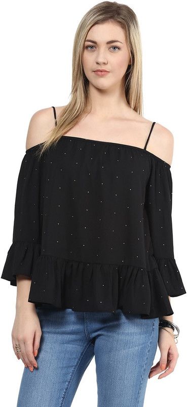Party Bell Sleeves Polka Print Women Black Top