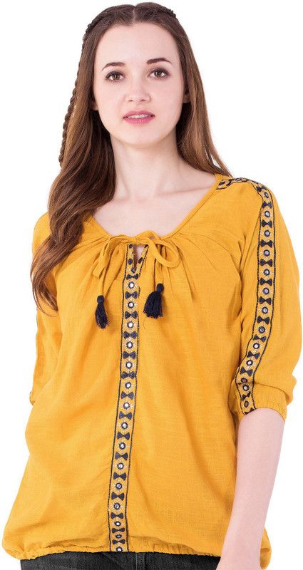 Casual Regular Sleeves Embroidered, Embellished Women Yellow Top