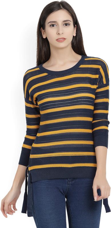Casual Regular Sleeves Striped Women Dark Blue, Yellow Top