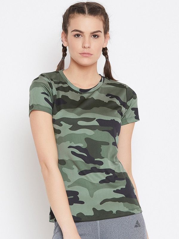 Women Self Design Round Neck Polyester Green T-Shirt