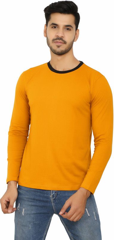FREQUE SOLID MUSTARD & BLACK ROUND NECK FULL SLEEVE STYLISH T-SHIRT Men Solid Round Neck Cotton Blend Black, Yellow T-Shirt