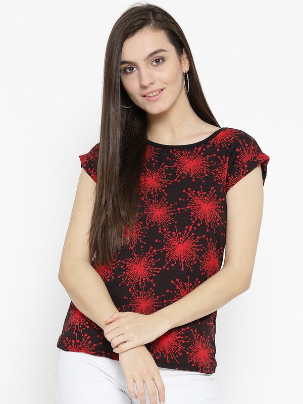Casual Cap Sleeves Printed, Graphic Print Women Red, Black Top