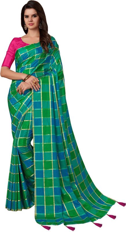 Checkered Bollywood Cotton Silk Saree  (Green, Blue)