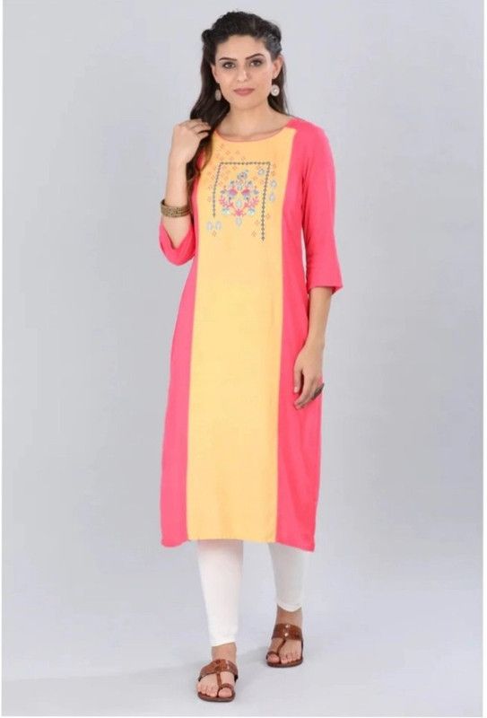 Women Self Design Kurta  (Orange, Yellow)