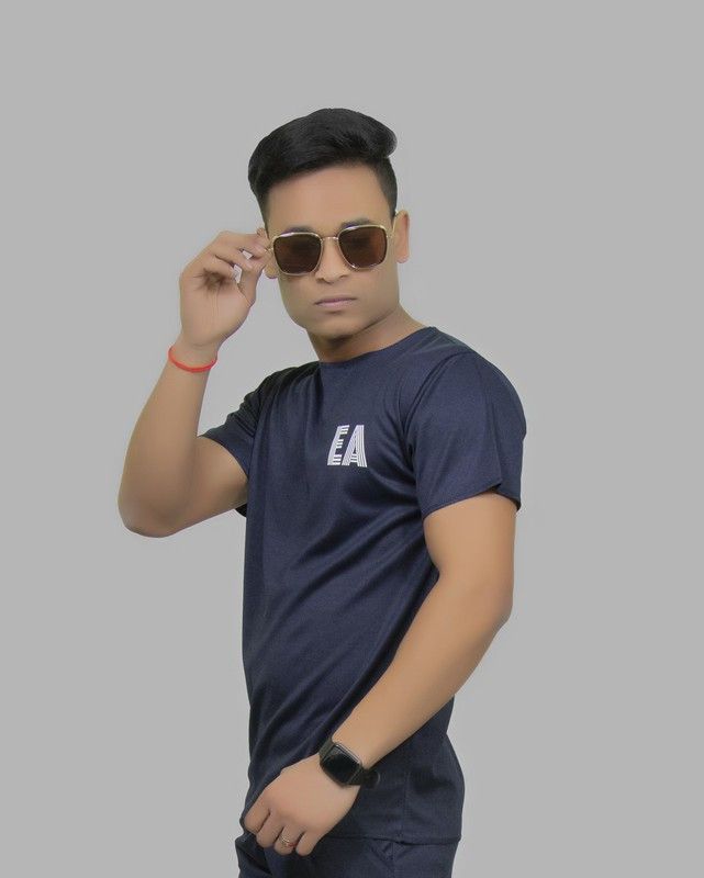 Abhishek Men Self Design Round Neck Poly Cotton Navy Blue T-Shirt