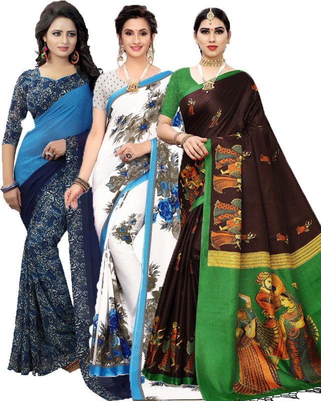 Printed Bollywood Georgette Saree  (Pack of 3, Blue, Green)