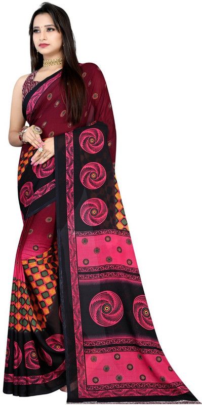 Printed Bollywood Georgette Saree  (Multicolor, Maroon)