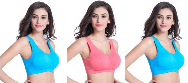 Pack of 3 Women Sports Non Padded Bra  (Blue, Pink, Blue)