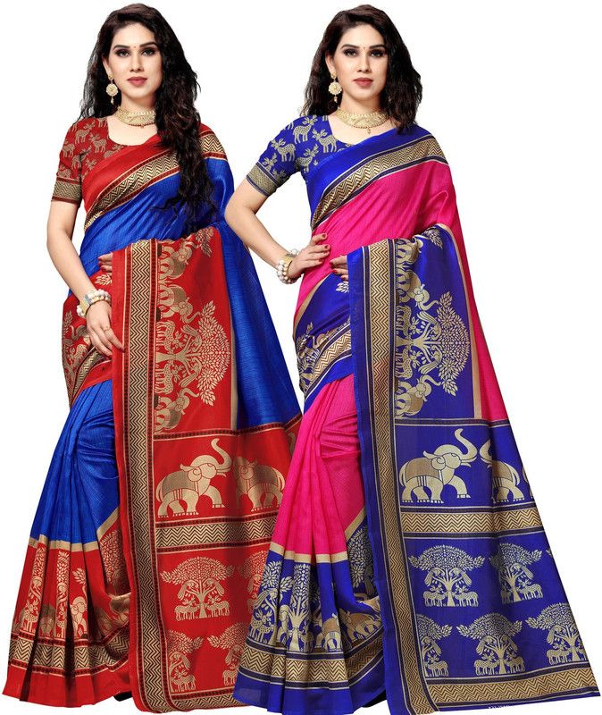 Sambalpuri Silk Blend Saree  (Pack of 2, Blue, Pink)