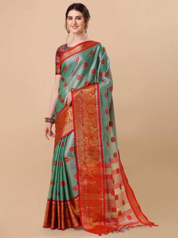 Embroidered Banarasi Cotton Silk Saree  (Green)