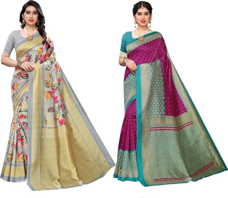 Digital Print Bollywood Art Silk Saree  (Pack of 2, Purple, Grey)