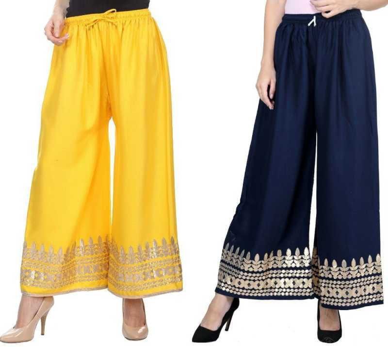 Pack of 2 Women Flared Yellow, Dark Blue Viscose Rayon Trousers