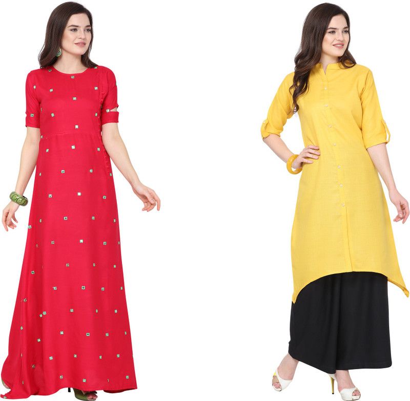 Pack of 2 Women Embellished Viscose Rayon, Cotton Blend Flared Kurta  (Pink, Yellow)