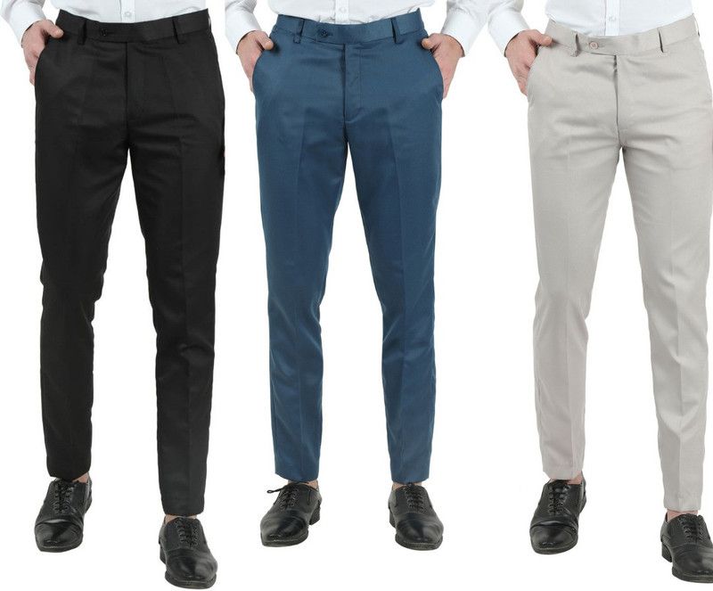 Pack of 3 Men Slim Fit Black, Blue, Beige Cotton Blend Trousers