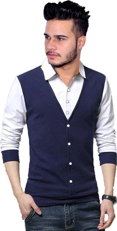 Men Solid Polo Neck Poly Cotton Dark Blue, White T-Shirt