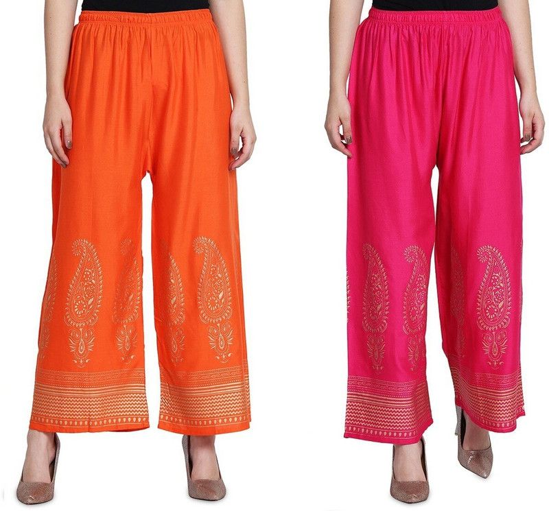 Pack of 2 Women Regular Fit Pink, Orange Cotton Blend Trousers