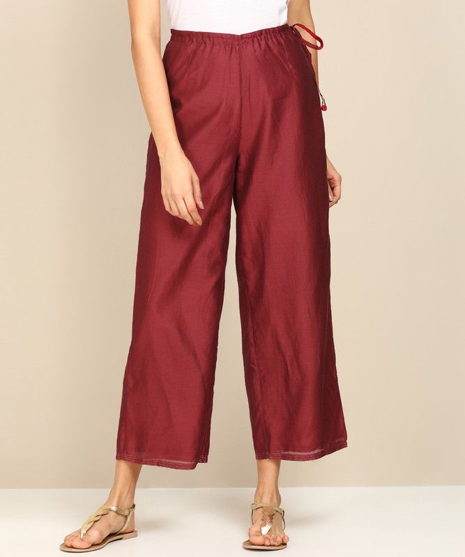 Women Regular Fit Maroon Cotton Silk Trousers