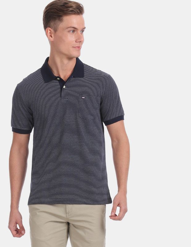 Men Striped Polo Neck Cotton Blend (230 gsm) Blue T-Shirt
